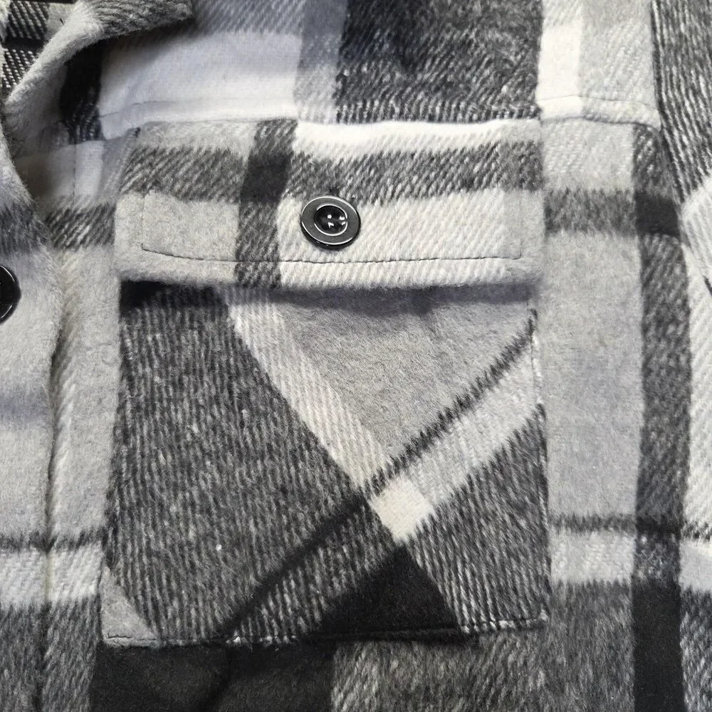 Zeagoo Jacket Womens Large Black Gray Plaid Flannel Cropped Shacket Button
